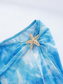 Swim Mulvari Blue & White Long Sleeve, Long Pants, Skirt 3-Piece Starfish & Wave Print Casual Beach Swimwear For Women, Spring/Summer - Blue and White - View 8