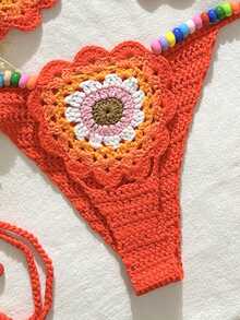 Swim Vcay 2pcs/Set Spring/Summer Crochet Floral Pattern Design Spaghetti Strap Backless Beach Cover Up Set For Women - Multicolor - View 5