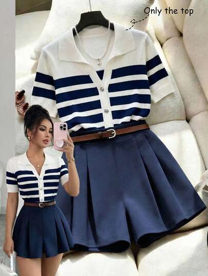 Franclia Nueva blusa de punto elegante y versátil para la primavera temprana con cuello de contraste y decoración de botones metálicos para mujeres