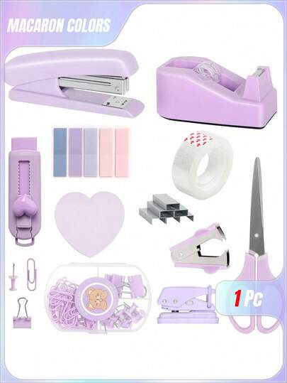 1pc Macaron Desktop Office Stationery Set, Stapler, Tape Holder, Scissors, Staple Remover