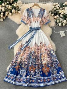 SHEIN Clasi Elegant Vintage Paisley Print Belted Dress, Summer - Apricot - View 1