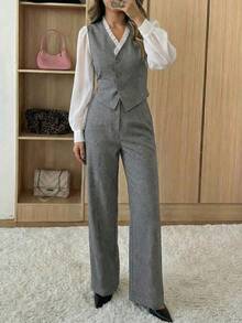 Modelyn Women's Gray Double-Sided Chiffon Ruffle Waist Elegant Blouse And Straight Leg Pants 2 Pieces Set - Grey - View 1