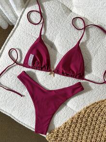 Swim Mod Bikini Halter Merah Polos Wanita dengan Detail Tali di Belakang dan Bagian Bawah Potongan Tinggi untuk Tampilan yang Menawan - Merah - View 2