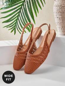 SHUZIA Ladies Wide-Fit Elegant Crochet Woven PU Slingback Mules - Mocha Brown - View 7