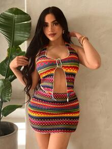 SHEIN SXY Women's Colorful Printed Halter Top And Mini Skirt 2 Pieces Set Two Piece Set Women Multicolor - Multicolor - View 4