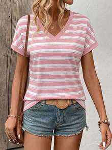 Selamara New Arrival Women's Fashion Casual Versatile Striped V-Neck T-Shirt - Multicolor - View 1