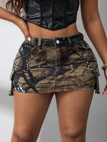 SHEIN ICON 大码女式复古性感迷彩牛仔紧身迷你裙 - 彩色 - 查看 1