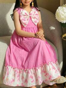 SHEIN DRMZ Tween Girls' Big Bowknot Patchwork Print Vacation Dress,Kids - Pink - View 12