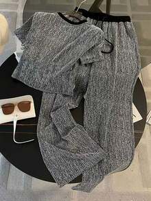 Resyla Camiseta de manga raglán ajustada con estampado de tono plateado + pantalones largos con bolsillo lateral, informal, para verano - Negro - Ver 2