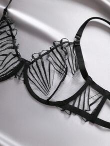 EmpressEnvy Plus Size Women Mesh Striped Embroidery Sexy Lingerie Set - Black - View 4