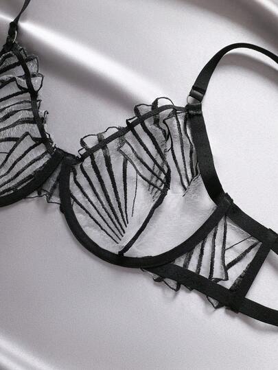 1pc Black Plus Size Barcode Embroidery Underwire Sexy Bra