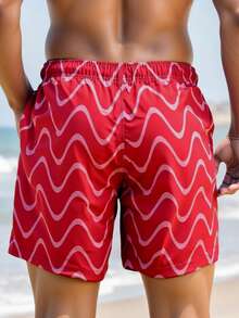 Manfinity Swimmode 男士波浪条纹印花抽绳腰带口袋沙滩短裤 男士配套泳裤 男士泳裤 男士沙滩装 男士泳裤短裤 男士泳裤，夏威夷红色泳裤 男士沙滩短裤 红色男士泳裤 - 紅色 - 查看 2