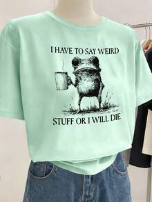 Lalippa Camiseta de mujer casual de cuello redondo con estampado de eslogan de rana y hombros caídos, para verano - verde menta - Ver 4