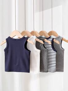 SHEIN Playful Pals 5件套休闲白色针织无袖背心，适合作为内搭，可用于户外活动、休闲穿着、旅行，适合6个月至3岁的男婴。 - 彩色 - 查看 2