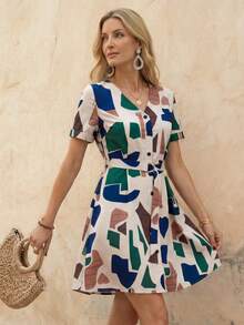 Faunlyn Vestidos de verano elegantes para mujer con bloque de color geométrico y cierre delantero de manga corta - Multicolor - Ver 3