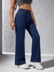 Jeanoix Pantalones vaqueros casuales y versátiles de tiro alto, con bolsillos y pierna ancha para mujer - Azul lavado oscuro - Ver 6