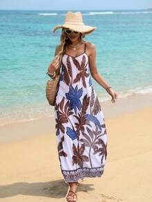 Swim Lushoire 女士夏季沙滩椰树印花V领半透明连衣裙 - 彩色 - 查看 4