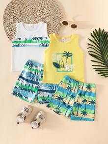 SHEIN Playful Pals 4件/套 嬰幼兒男童夏季套裝 淡黃色葉子印花上衣與短褲套裝 休閒海灘度假假日服裝 適用於0-3歲 - 彩色 - 查看 8