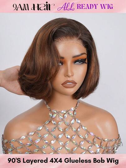 ALL READY WIG Wear Go Glueless Bob Wig, 100% Remy Human Hair Short Bob Wigs For Summer, Pre-Styled Layered Cut, 4x4 Pre-Cut Lace, Pre Plucked Hairline, Pre Bleached, All Ready To Glam Wigs, 180% Density, 4/30# Highlight Chocolate Brown Colored Hair, Elegant Chic Lady Boss Look