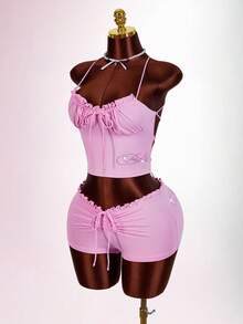 Amplova Bộ đồ nữ gợi cảm gồm áo hai dây xếp ly và quần short dây rút, thích hợp cho mùa hè. - Hồng - Xem 4