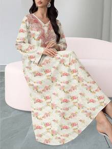 SHEIN Najma 玫瑰碎花V领长袖连衣裙，女士波西米亚风碎花长裙，优雅阿拉伯服饰，适合春夏度假和日常穿着 - 彩色 - 查看 3
