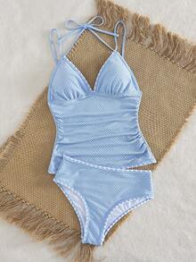 Bộ đồ bơi Tankini nữ Swim Vcay mới với chất liệu vải dệt họa tiết, đường kẻ trang trí màu đen và thiết kế xếp ly ở eo, bikini hai mảnh dành cho kỳ nghỉ. - Màu xanh lam - Xem 6