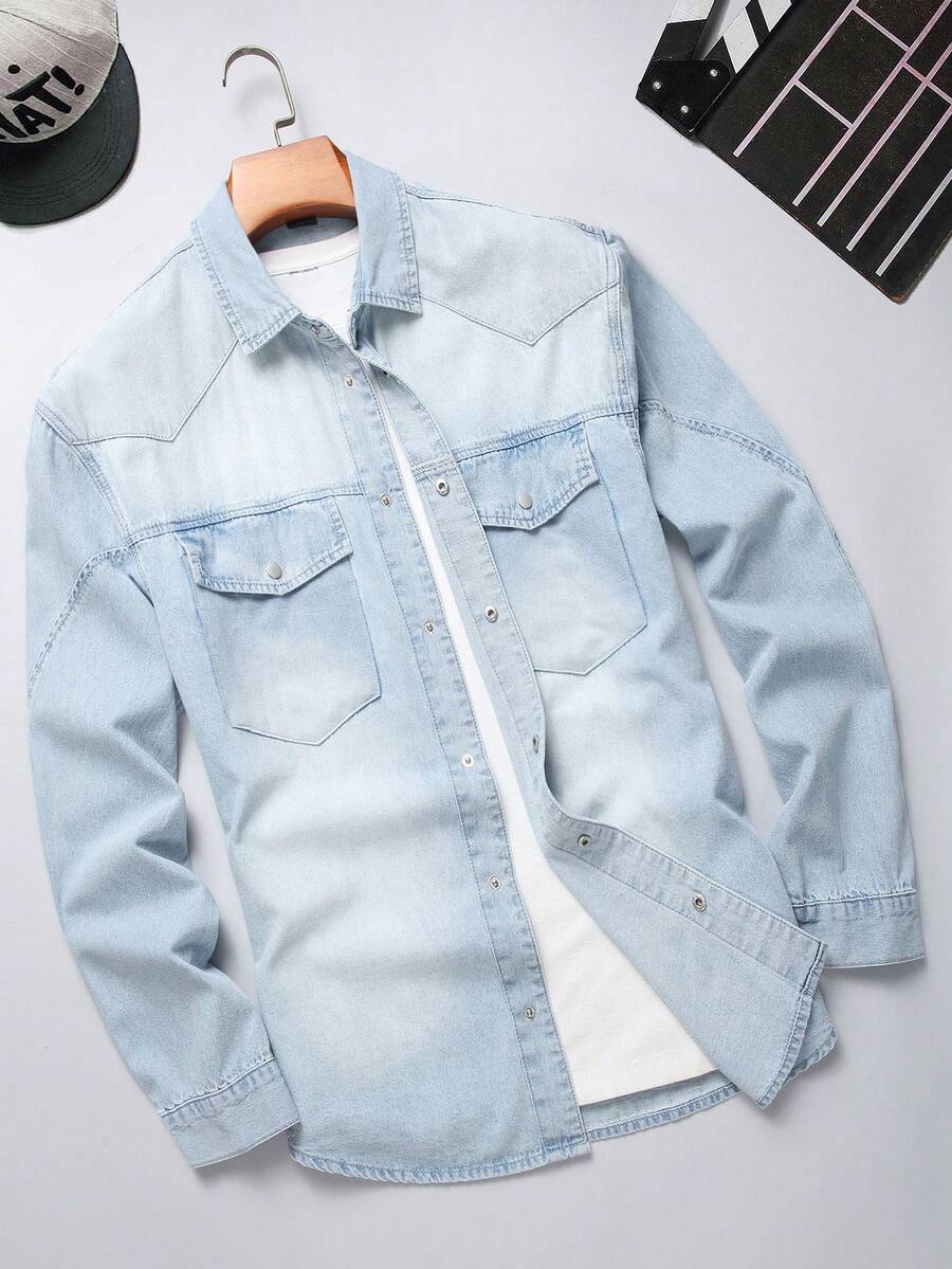 Manfinity Homme Áo sơ mi denim xanh rách dáng casual cho nam, có túi, phong cách đường phố. - Rửa nhẹ - Xem 1