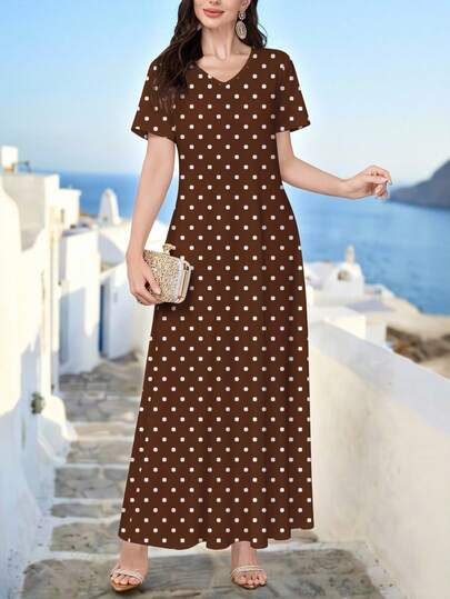 Lacomfia Women's Elegant V-Neck Short Sleeve Printed Knit Dress, Suitable For Wearing Alone Or As A Base Layer, Ideal For Dates, Vacations, Everyday, Casual, Parties, Festivals, Dresses, Spring/Summer Dress, Polka Dot