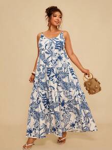 Travachic 大码印花无袖长款连衣裙，适合海滩和夏季度假 - 藍白色 - 查看 6