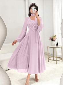 Al Najma Đầm dạ hội nữ cổ chữ V, đính cườm, thêu hoa, xếp nếp, phối lưới, ôm sát, tay dài, dáng xòe thanh lịch, màu hồng. - Màu tím - Xem 5