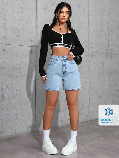 SHEIN ICON 大码女式口袋休闲牛仔短裤，适合度假穿着