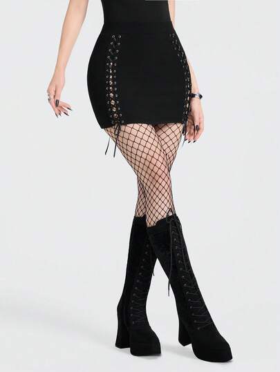 Breakform Minifalda ajustado con cintura elástica, abertura doble, decoración de ojetes y cordón para mujer, estilo gótico y sexy