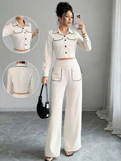 Conjunto elegante de top corto con cuello de manga larga y botones en contraste en la parte delantera y pantalón largo para mujer