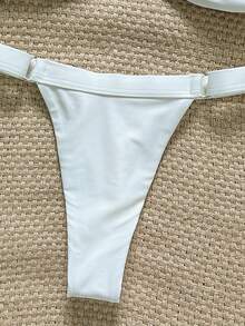 Swim Chiccia Springbreak 女士纯色抹胸金属装饰上衣和丁字裤比基尼两件套，简约夏季泳装 - 米色 - 查看 6