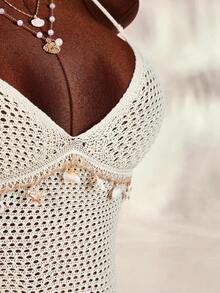 Amplova Women's Halter Backless Starfish & Shell Detail Ruffle Hem V-Split Maxi Dress - Apricot - View 9