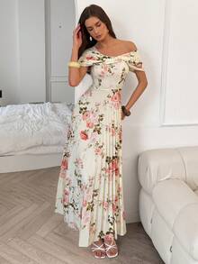 SHEIN Elenzya 不对称肩部褶皱A字印花优雅浪漫女式连衣裙 - 彩色 - 查看 5