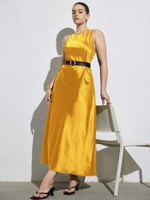 Aveloria Modichic Minimalist Luxury Style Sleeveless A-Line Maxi Dress, Simple Elegant Asymmetric Design, Double-Sided Satin-Like Acetate Fabric, Slimming, Versatile For Casual Wear, Commuting, Plus Size - Yellow - View 3