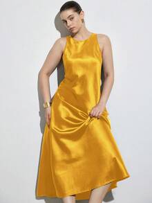 Aveloria Modichic Minimalist Luxury Style Sleeveless A-Line Maxi Dress, Simple Elegant Asymmetric Design, Double-Sided Satin-Like Acetate Fabric, Slimming, Versatile For Casual Wear, Commuting, Plus Size - Yellow - View 5
