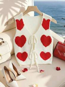 SHEIN Franclia 早春新款浪漫情人节可爱爱心图案休闲V领系带女士针织背心 - 彩色 - 查看 7