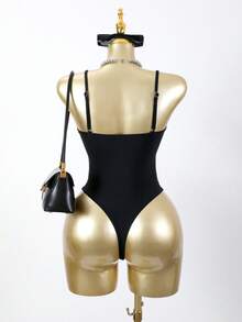 Swim SXY Women's Lace Patchwork Sexy Backless Spaghetti Strap One-Piece Swimsuit - Black - View 7