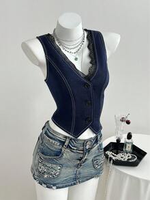 Elamini 女士束腰短款背心外套，深V领蕾丝开衩牛仔效果轻薄外套，春夏款 - 藍色 - 查看 4