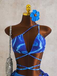 Zestiva 2026新款女士夏季沙滩度假蓝色抽象印花露背系带比基尼三件套泳装 - 藍色 - 查看 6