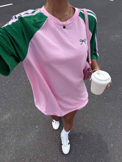 Muchica Plus Size Women's Butterfly Print Contrast Color Raglan Short Sleeve Casual T-Shirt Plus Size Tees Cute Pink Tops Pink Short Sleeve T-Shirt Pink And Green Top