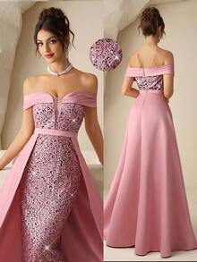 Coutiva 女士露肩高端晚礼服，正式礼服，优雅闪耀，尽显奢华气质，适合各种派对场合 - 粉色 - 查看 2