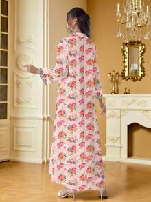 SHEIN Najma 玫瑰碎花V领开衩长袖连衣裙，优雅阿拉伯风度假日常穿着，春夏款 - 彩色 - 查看 2