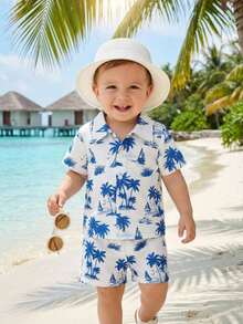 SHEIN Playful Pals 2件組白色夏季趣味海灘度假套裝 幼童男嬰夏威夷襯衫與短褲 椰子樹圖案 6個月-3歲 - 藍白色 - 查看 4