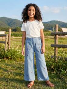 SHEIN Tween Girls' Y2K Washed Loose Casual Jeans With Cute Bow Embroidery, Versatile And Fashionable For Everyday Wear - Light Wash - View 3