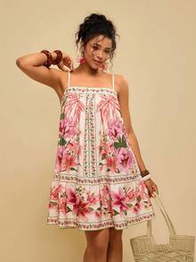 Travachic Abito corto senza maniche con stampa tropicale di animali e piante, verde, per vacanze casual, stile boho, abito floreale rosa per donna, abito rosa da spiaggia, abito corto primaverile a balze per donna - Multicolore - Visualizzare 7