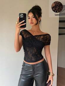 Siren Gaze Women's Elegant Black Floral Lace Top,Summer Night Out Off-Shoulder Fitted Blouse,See Through Stylish Lacey T-Shirt,New Solid Color Tops - Black - View 1