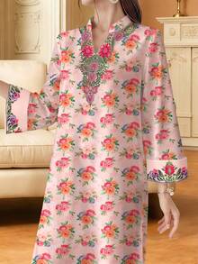 SHEIN Najma 玫瑰碎花V领开衩长袖连衣裙，优雅阿拉伯风度假日常穿着，春夏款 - 彩色 - 查看 4